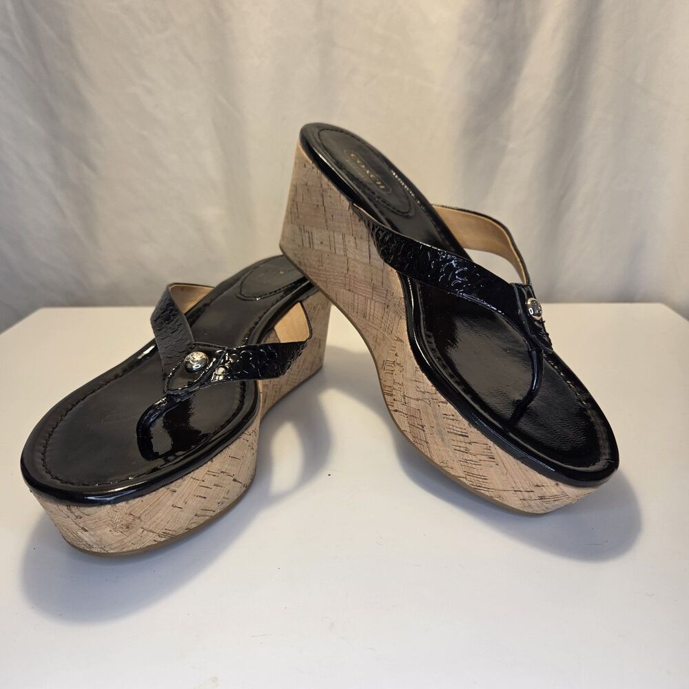 Coach Jorgina Black Patent Cork Wedge Platform Thong Sandals Womens Size 8B